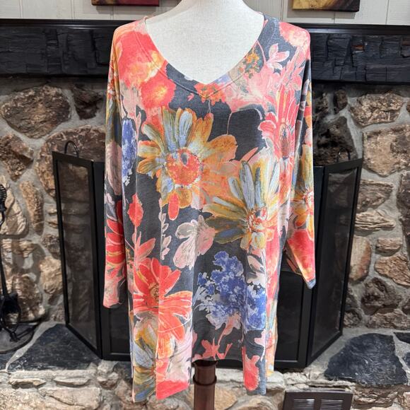 Soft Surroundings Womens 1X Orange Floral Boho V Neck Pullover Tunic Sweater Top - Picture 1 of 8